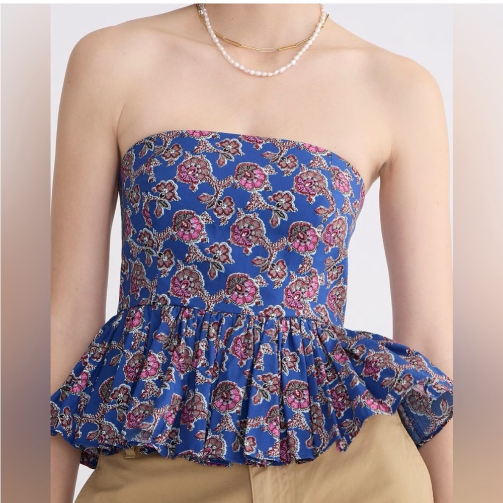 J. Crew Collection strapless peplum top in Ratti blue blooms print size 6